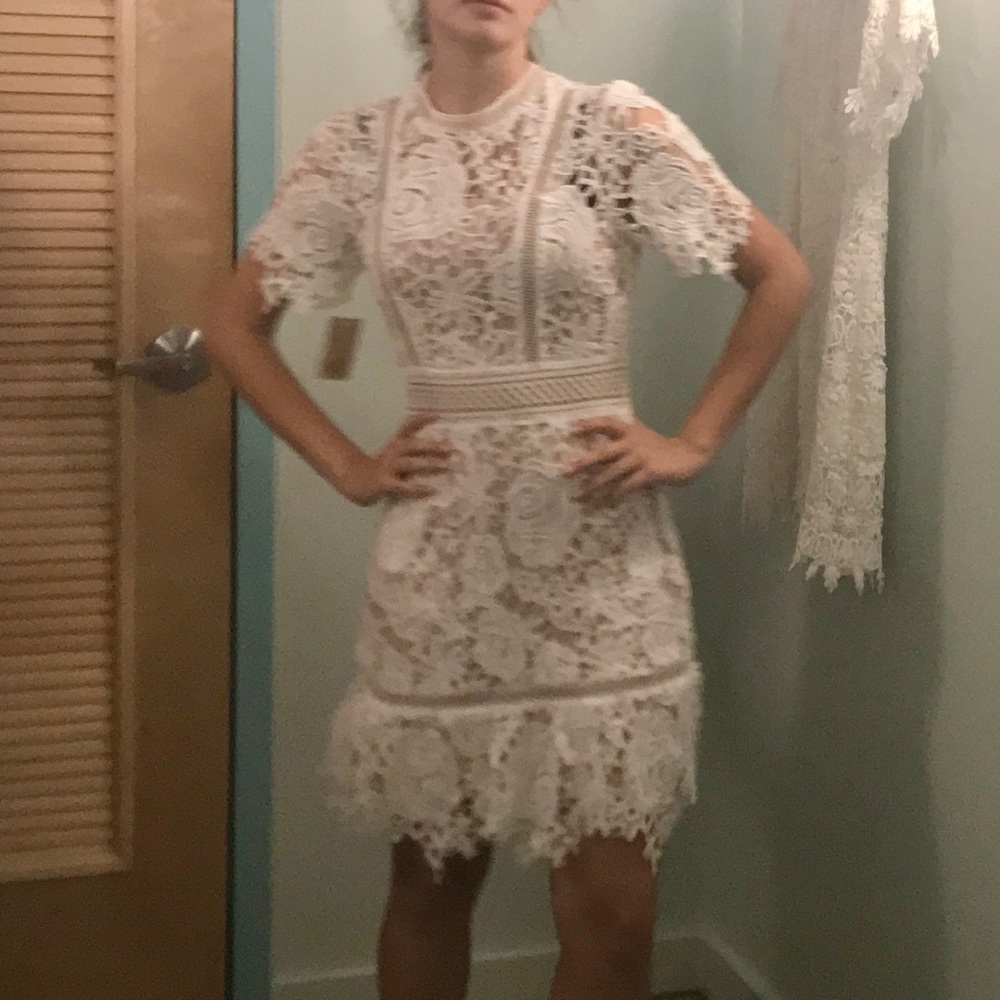 Short sleeve lace dress with built in nude slip